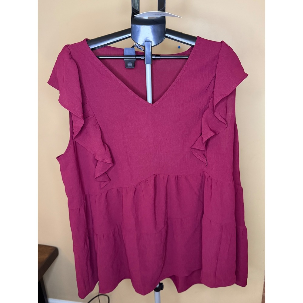 Bloomchic Wine Burgundy Ruffle Tiered Babydoll V-Neck Blouse Plus Size 26‎ NWT
